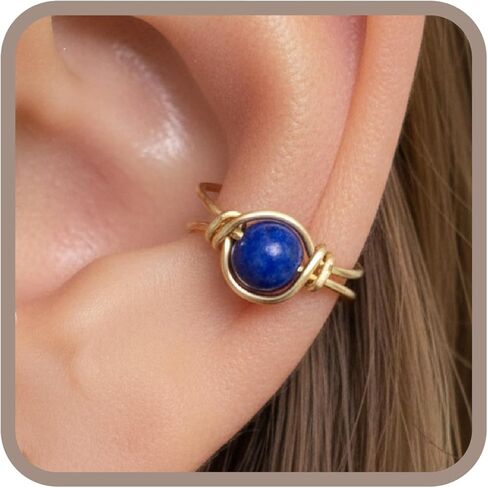 14k Gold Filled Lapis Gemstone Huggie Clip On Ear Cuff - No Piercing Needed in Saudi Arabia