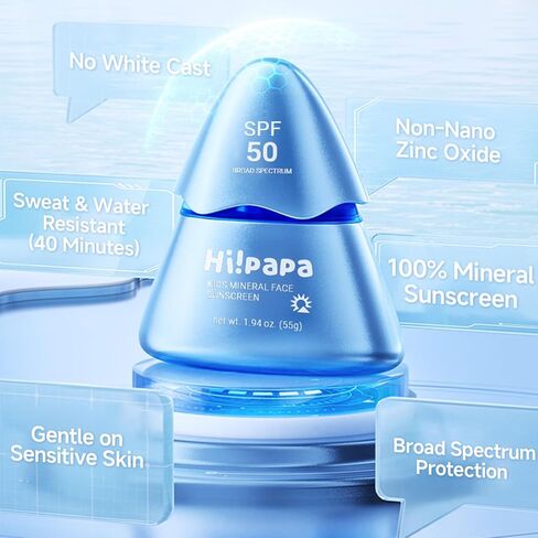 Hi!papa Kids Mineral Sunscreen SPF50، للوجه والبشرة الحساسة، واقي شمسي للأطفال غير نانو أكسيد الزنك مع كينتيللا، بدون قالب أبيض، مقاوم للماء، خالي من العطور، آمن للشعاب المرجانية، 1.94 أونصة in Kuwait