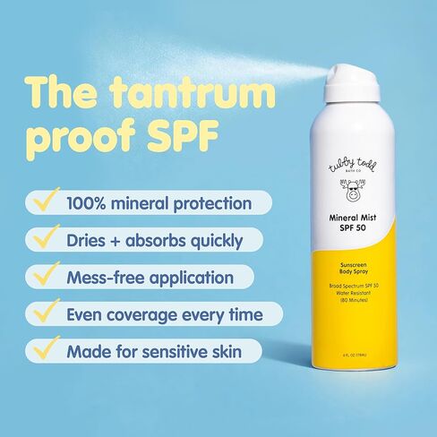 Tubby Todd Mineral Mist SPF 50 واقي من الشمس - رذاذ الجسم الواقي من الشمس غير الهباء الجوي للأطفال والرضع - مقاوم للماء 80 دقيقة - 6 أونصة سائلة in Kuwait