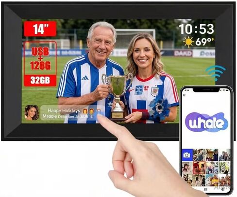 إطار صور رقمي Uhale مقاس 14 بوصة سعة 32 جيجابايت، إطارات صور رقمية كبيرة بتقنية WiFi، يدعم توسيع USB/SD إلى 128 جيجابايت إضافية، إعداد سهل لمشاركة الصور/مقاطع الفيديو عبر هدايا التطبيقات المجانية للنساء/الهدايا للرجال in Kuwait