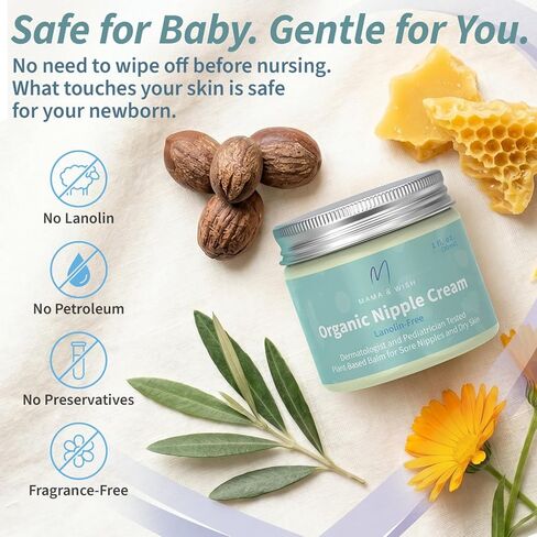 Mama & Wish 1oz Organic Nipple Cream Safe for Breastfeeding | 1 Pk Scented | Lanolin-Free, Gentle on Sensitive Skin. Soothes Cracked, Sore & Dry. Pregnancy & Postpartum Safe. No-Wipe. Baby Shower Gift in Saudi Arabia