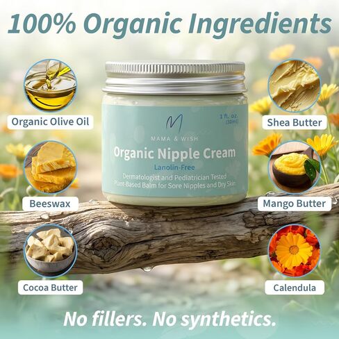 Mama & Wish 1oz Organic Nipple Cream Safe for Breastfeeding | 1 Pk Scented | Lanolin-Free, Gentle on Sensitive Skin. Soothes Cracked, Sore & Dry. Pregnancy & Postpartum Safe. No-Wipe. Baby Shower Gift in Saudi Arabia