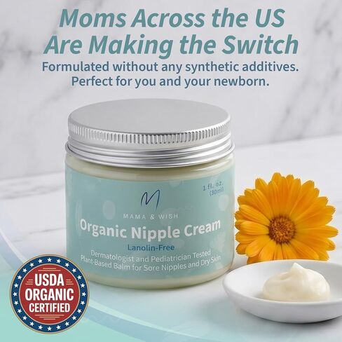 Mama & Wish 1oz Organic Nipple Cream Safe for Breastfeeding | 1 Pk Scented | Lanolin-Free, Gentle on Sensitive Skin. Soothes Cracked, Sore & Dry. Pregnancy & Postpartum Safe. No-Wipe. Baby Shower Gift in Saudi Arabia