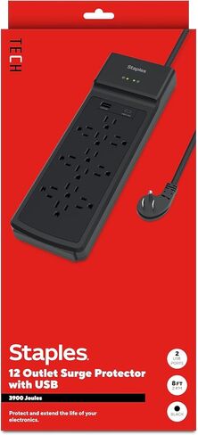 Surge Protector Power Strip, 12 Outlets + 2 USB Ports, 8 ft Cord, 3900 Joules, Flat Plug, Wall Mount, Black in Saudi Arabia