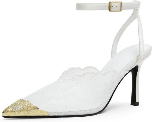Women's Lace Heels Handmade Stiletto Pointed Toe Gold Metal Toe Adjustable Ankle Buckle 3.54 Inch Wedding Party Dress Pumps in Kuwait