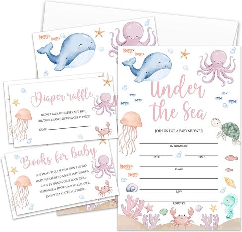 Under the Sea Baby Shower Invitations For Girl Boy, Ocean Animal Boy Girl Baby Shower Invites Diaper Raffle Tickets, Book Request Cards Fill in Blank (25 Pcs & Envelopes)/Set-10 in Kuwait