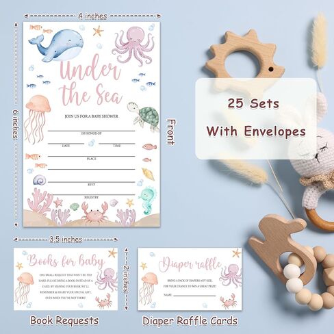 Under the Sea Baby Shower Invitations For Girl Boy, Ocean Animal Boy Girl Baby Shower Invites Diaper Raffle Tickets, Book Request Cards Fill in Blank (25 Pcs & Envelopes)/Set-10 in Kuwait