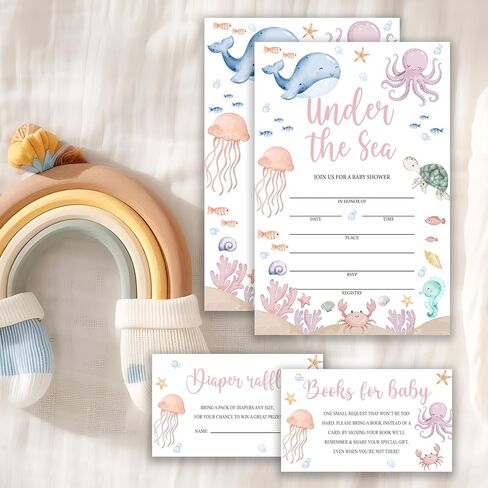 Under the Sea Baby Shower Invitations For Girl Boy, Ocean Animal Boy Girl Baby Shower Invites Diaper Raffle Tickets, Book Request Cards Fill in Blank (25 Pcs & Envelopes)/Set-10 in Kuwait