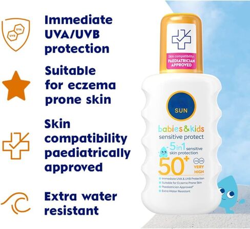 Sun Babies & Kids Protect & sensitive Sun Spray Spf50+ very High 200ml | Immediate UVA/UVB protection | Sunscreen Spray Against Sun Exposure in Kuwait