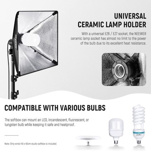 NEEWER 16x16in/40x40cm Softbox with E26 Porcelain Socket/Power Cord/White Diffuser/Stand Adapter, Durable Nylon Softbox Lighting Modifier for Studio Photography Lighting, SF4040 (US Plug) in Saudi Arabia