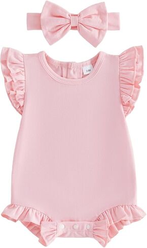 Newborn Baby Girl Summer Outfit Solid Ruffle Bubble Romper Shirt Flutter Sleeve Bodysuit Headband Clothes in Kuwait