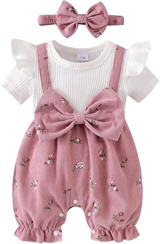 Newborn Baby Girl Clothes Short Sleeve Flying Sleeve Ribbed Patchwork Floral Bubble Romper Infant Summer Outfit in Kuwait