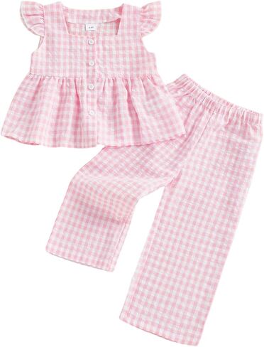 Kids Toddler Girl Clothes Summer Outfits Plaid Ruffle Sleeveless Button Down Shirt Dress Top Seersucker Pants Set in Kuwait