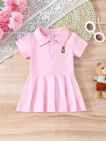 Baby Girls Short Sleeve Pink Dress, Summer Casual Dresses for Toddler Birthday Party Daily Wear, Age 3M–2Y in Kuwait