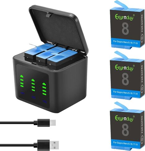 بطارية بديلة قابلة لإعادة الشحن لكاميرا Gopro Hero 8/7/6/5 باللون الأسود مكونة من 3 بطاريات وشاحن USB ثنائي القناة (Hero 8) in Kuwait