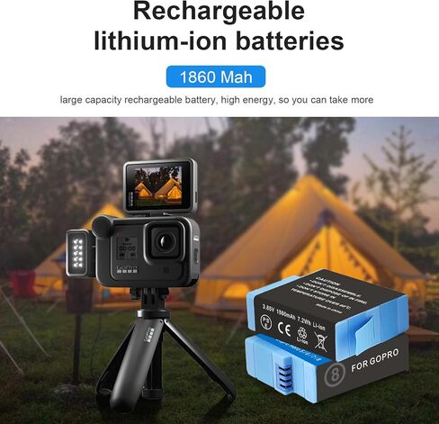 بطارية بديلة قابلة لإعادة الشحن لكاميرا Gopro Hero 8/7/6/5 باللون الأسود مكونة من 3 بطاريات وشاحن USB ثنائي القناة (Hero 8) in Kuwait