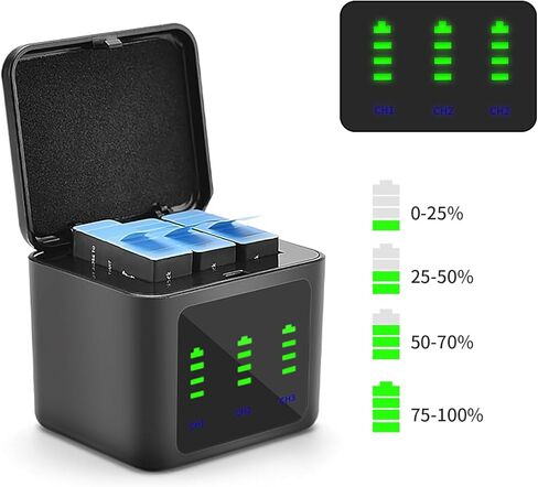 بطارية بديلة قابلة لإعادة الشحن لكاميرا Gopro Hero 8/7/6/5 باللون الأسود مكونة من 3 بطاريات وشاحن USB ثنائي القناة (Hero 8) in Kuwait