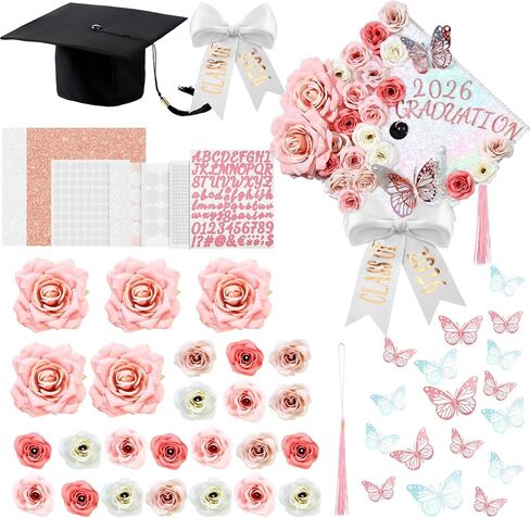 Gilprop DIY تخرج التخرج Cap Decorations Kit Pink and White Grad Cap Topper Flower Heads 3D ALPHABET ALPHABET LETTER RHINESTONS in Saudi Arabia