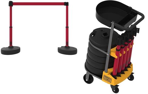 Banner Stakes Crowd Control Plus Cart Package & Accessory Tray, 75' Total Retractable Belt Barrier System - 5 Telescoping Stanchions w/ 15' Red Double-Sided "Danger" Banners (PL4162T) in Kuwait