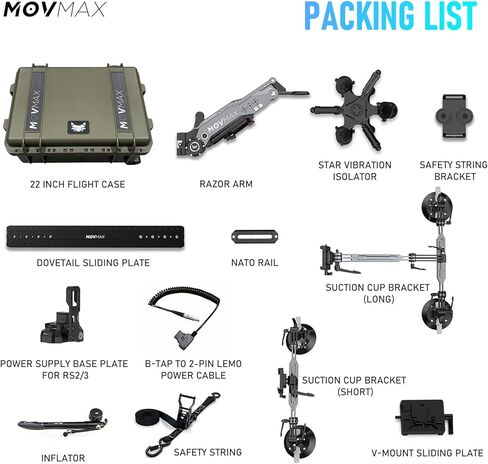 MOVMAX Razor Arm Air Shock Absorption Car Mount Shooting System for DJI Ronin Series(eg:RS4 Pro/RS4/RS3 Pro), Four Suction Cup Car Mount Kit,Gimbal Stabilizer with 22 Inch Storage Case(Green) in Kuwait