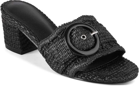 Womens Raffia Mule Slides Sandals Open Toe Backless Buckle Heeled Sandals Chunky Block Heel Bohemia Beach Dressy Slip on Summer Vacation Shoes in Kuwait