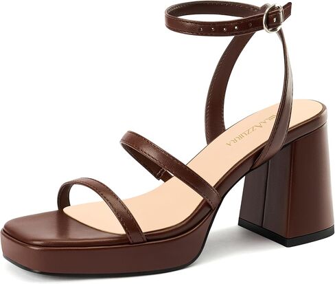 MIRAAZZURRA Chocolate Platform Heels for Women 3 Inch Chunky Block Heeled Sandals Suqare Open Toe with Ankle Strap for Daily Party Dress Chocolate 8.5 in Kuwait