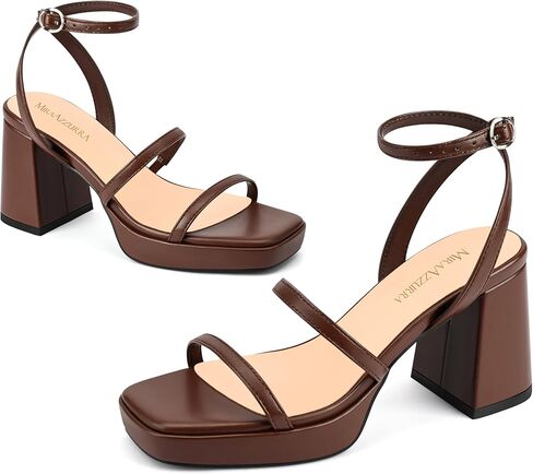 MIRAAZZURRA Chocolate Platform Heels for Women 3 Inch Chunky Block Heeled Sandals Suqare Open Toe with Ankle Strap for Daily Party Dress Chocolate 8.5 in Kuwait