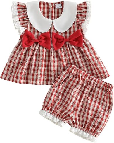 Baby Girl Summer Clothes Toddler Outfit Plaid Ruffle Shirt Tops and Shorts Outfits Set 2Pcs Little Girls Clothes in Kuwait