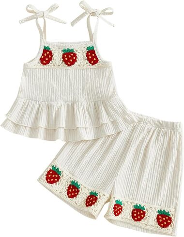Kayotuas Toddler Baby Girl Summer Outfits Crochet Sleevless Ruffle Tank Top Dress and Bermuda Shorts Set Vintage Boho Clothes in Kuwait