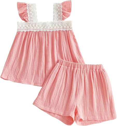 Fanvereka Toddler Infant Baby Girls Summer Outfits 6 12 18 24 Months 2 3 4 T Girls Lace Vest Tops 2Pcs Shorts Set in Saudi Arabia