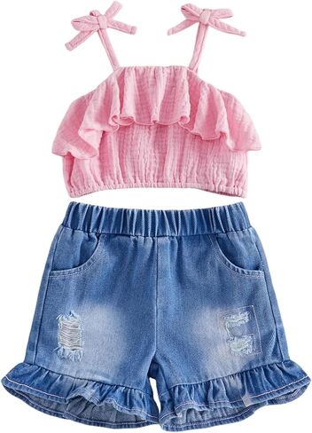 Lefyira Baby Girl Jeans Shorts Set Toddler Denim Outfit Ruffle Sleeveless Crop Top and Denim Bloomers Shorts Summer Clothes in Saudi Arabia