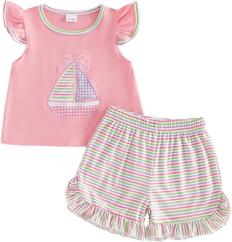 Toddler Girls Clothes Sailboat Crew Neck Flying Sleeve Tops Striped Shorts 2Pcs Set Summer Baby Girl Outfits in Saudi Arabia