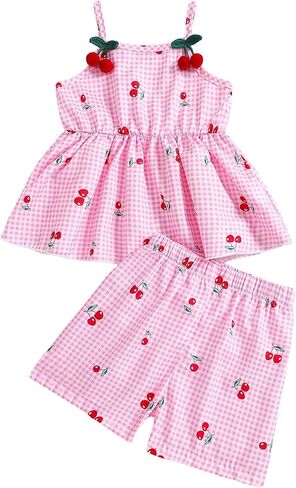 WDIRARA Toddler Girl's Cute Cherry 2 Piece Outfits Gingham Ruffle Camisole Shorts Set Summer Outfits in Saudi Arabia
