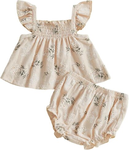 Infant Toddler Baby Girl Clothes Summer Outfits Ruffle Sleeve Smocked Shirt Dress Tops Bloomer Shorts 2 Piece Set in Saudi Arabia