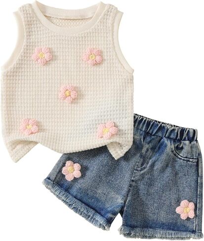 Toddler Baby Girl Summer Clothes Waffle Knit Floral Embroidery Sleeveless Tank Top Jean Shorts 2Pcs Outfit Set in Saudi Arabia