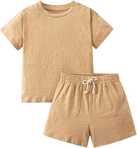 Toddler Kids Girls Summer Clothes Solid Color Short Sleeve T-Shirt Tops Shorts Sets 6M-5T in Kuwait