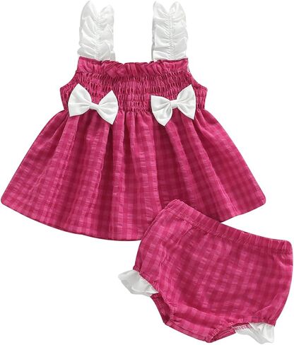Sasaerucure Summer Outfit Clothes Infant Newborn Baby Girl Plaid Sleeveless Tunic T-Shirt Top and Shorts Bloomers Set in Kuwait