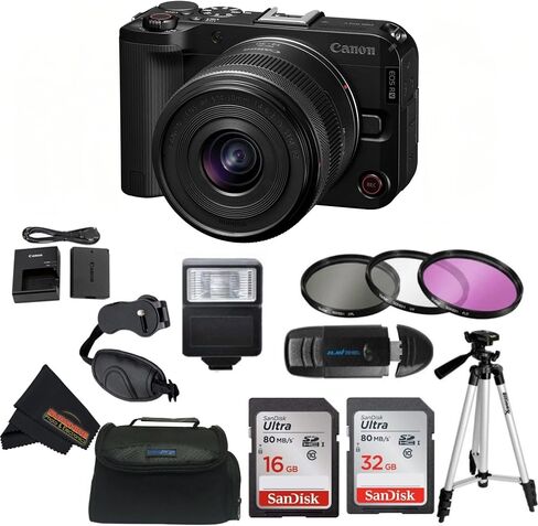 مجموعة أدوات إنشاء المحتوى EOS R50 V من Canon كاميرا بدون مرآة مع عدسة RF-S مقاس 14-30 مم، وقبضة حامل ثلاثي القوائم، وميكروفون استريو، وبطاقة ذاكرة سعة 128 جيجابايت، باللون الأسود (متجددة) in Kuwait