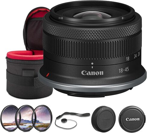 Canon RF-S مقاس 18-45 مم f/4.5-6.3 عبارة عن حزمة عدسات STM | تكبير قياسي APS-C مدمج مع تثبيت الصورة البصري والتركيز التلقائي السلس STM | رائعة للسفر والفيديو (4858C002) + مجموعة الفلتر + المزيد in Kuwait