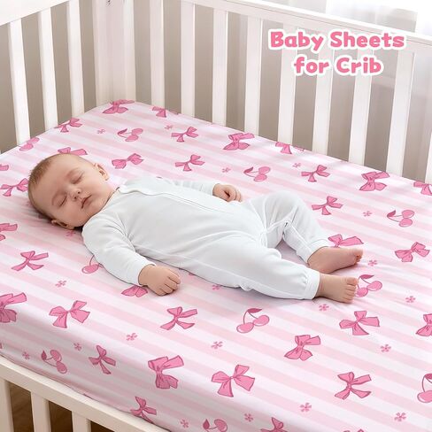 Cloele Crib Sheets 2 Pack for Boys Girls,Fitted Baby Crib Sheets for Standard Crib & Toddler Mattress 52"x28",Soft Breathable Nursery Bed Sheets(Pink Bow&Pink) in Saudi Arabia