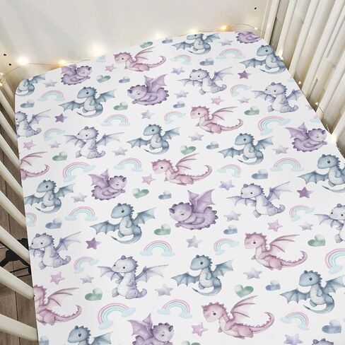 Fairytale Dragon Love Stars Rainbow Baby Crib Sheets for Boy Girl 28"x52" Cute Dragons Purple Soft Snug Fitted Crib Mattress Cover Fantasy Animal Baby Sheet for Standard Crib & Toddler Bed Mattress in Saudi Arabia