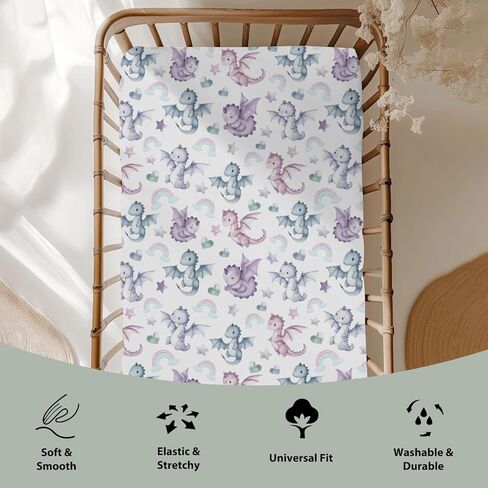 Fairytale Dragon Love Stars Rainbow Baby Crib Sheets for Boy Girl 28"x52" Cute Dragons Purple Soft Snug Fitted Crib Mattress Cover Fantasy Animal Baby Sheet for Standard Crib & Toddler Bed Mattress in Saudi Arabia