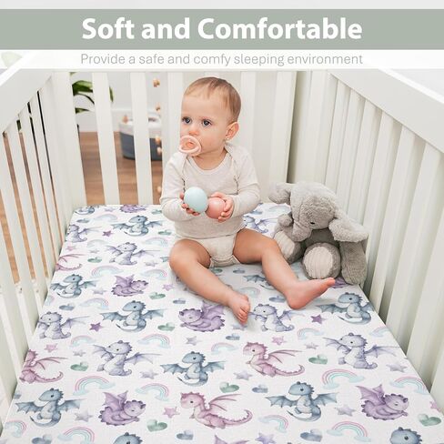 Fairytale Dragon Love Stars Rainbow Baby Crib Sheets for Boy Girl 28"x52" Cute Dragons Purple Soft Snug Fitted Crib Mattress Cover Fantasy Animal Baby Sheet for Standard Crib & Toddler Bed Mattress in Saudi Arabia