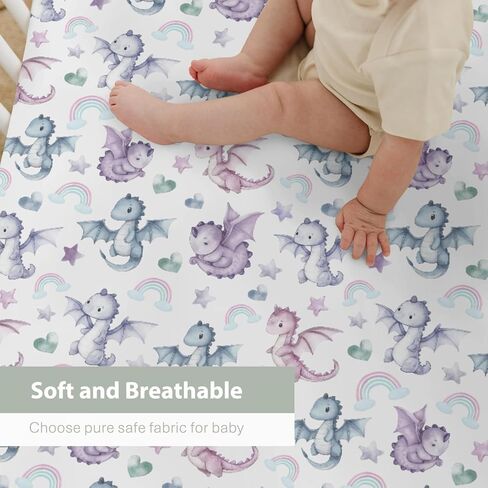Fairytale Dragon Love Stars Rainbow Baby Crib Sheets for Boy Girl 28"x52" Cute Dragons Purple Soft Snug Fitted Crib Mattress Cover Fantasy Animal Baby Sheet for Standard Crib & Toddler Bed Mattress in Saudi Arabia