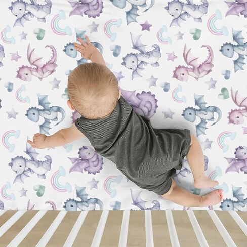 Fairytale Dragon Love Stars Rainbow Baby Crib Sheets for Boy Girl 28"x52" Cute Dragons Purple Soft Snug Fitted Crib Mattress Cover Fantasy Animal Baby Sheet for Standard Crib & Toddler Bed Mattress in Saudi Arabia