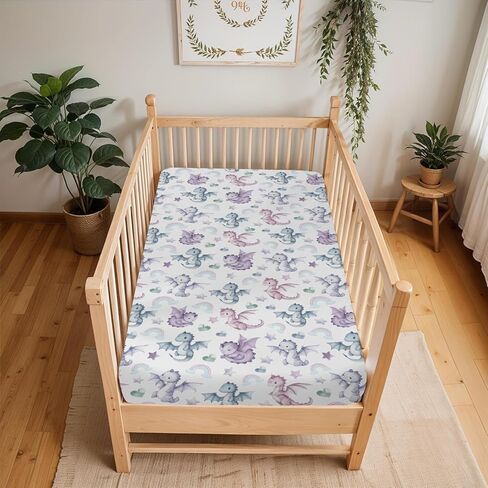 Fairytale Dragon Love Stars Rainbow Baby Crib Sheets for Boy Girl 28"x52" Cute Dragons Purple Soft Snug Fitted Crib Mattress Cover Fantasy Animal Baby Sheet for Standard Crib & Toddler Bed Mattress in Saudi Arabia