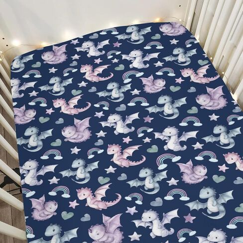 Fairytale Dragon Love Stars Rainbow Baby Crib Sheets for Boy Girl 28"x52" Cute Dragons Purple Soft Snug Fitted Crib Mattress Cover Fantasy Animal Baby Sheet for Standard Crib & Toddler Bed Mattress in Saudi Arabia