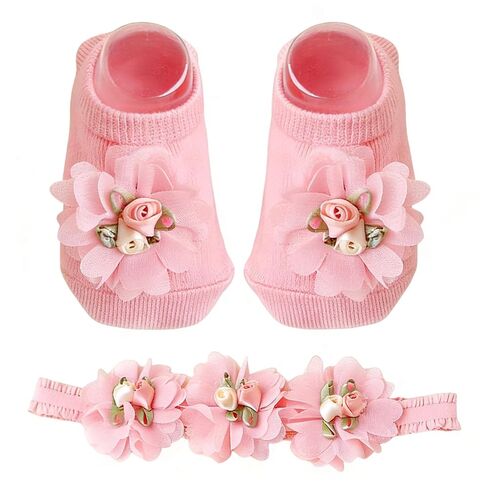 Mealah Baby Girls Headband Socks Set - Toddlers Newborn Essentials Floral Socks Headband Photo Prop Decorated(0-6M) in Kuwait