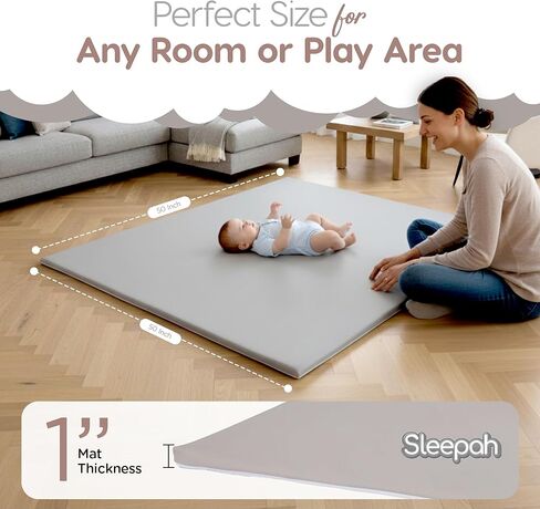 Sleepah Vegan Leather Baby Play Mat, 50x50 Thicken Foam Cushioned & Waterproof Playpen Mat for Infants and Toddlers, Stylish and Just Wipe-Clean Playmat for Baby Play on Floor Grey in Saudi Arabia