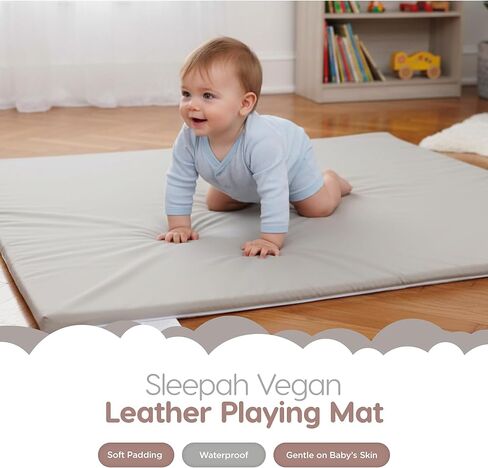 Sleepah Vegan Leather Baby Play Mat, 50x50 Thicken Foam Cushioned & Waterproof Playpen Mat for Infants and Toddlers, Stylish and Just Wipe-Clean Playmat for Baby Play on Floor Grey in Saudi Arabia